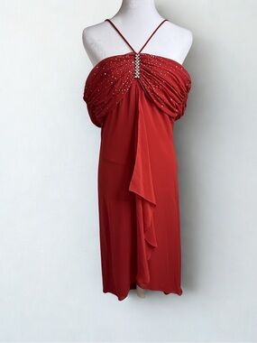 Strapless Red Rhinestone-Accent Evening Dress